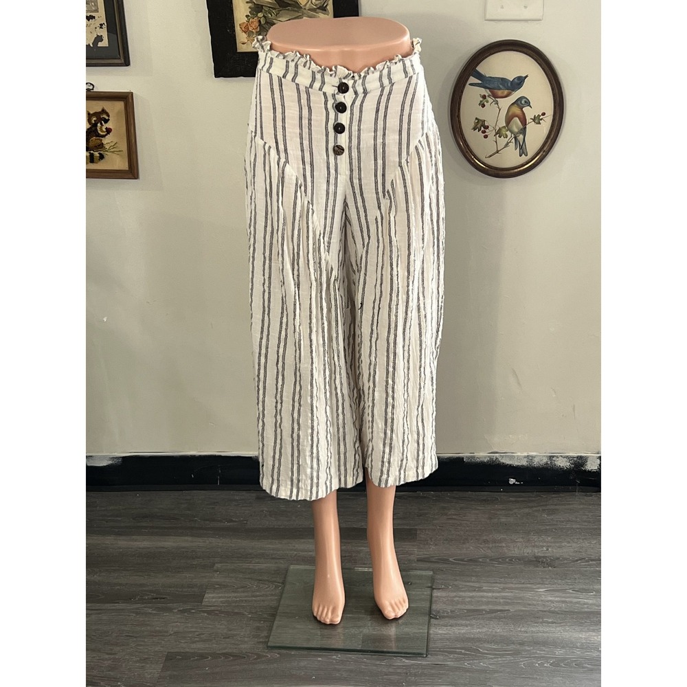 Free People Black White Striped Ruffle High Rise Button-Front Wide Leg Size XS